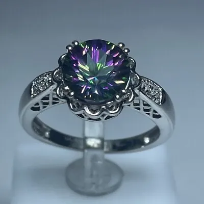 8mm Round Concave Mystic Topaz And Diamond 14kt White Gold Ring • $316.80