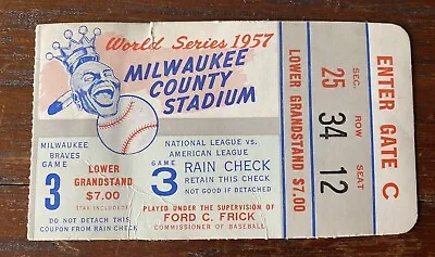 1957 World Series Ticket Stub Game 3 Yankees Braves Mantle Hr Aaron 1st Ws • $65