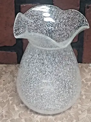 Art Glass Vase Hand Blown Clear With White Splatter Ruffle Top 7” Scalloped Edge • $22