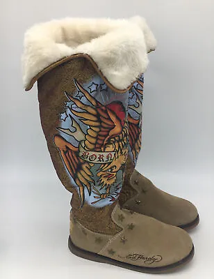 Ed Hardy Born Free Eagle Knee High Suede Winter Boots Women's Sz 8 Fur Lined • $37.69