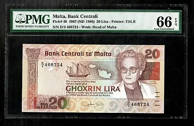 🇲🇹  Malta 20 Lira 1967 Nd(1986) P-40 Pmg 66epq Gem Uncirculated • $295