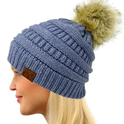 $9.99 • Buy CC Fur Pom Winter Fall Trendy Stretchy Cable Knit Beanie Hat Snuggly Soft Denim