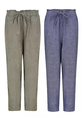 New Ladies Linen Blend Straight Leg Trouser In Olive & Blue • £12.95