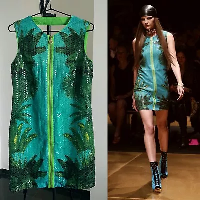 Versace For H&M Palm Tree Print Sequin Dress Blue Green Size 36/US 6 • $120