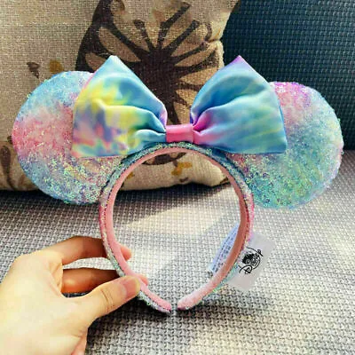 2022 Sequin Pastel Rainbow Tie Dye Headband Ears Disney Parks Minnie Mouse US • $4.25