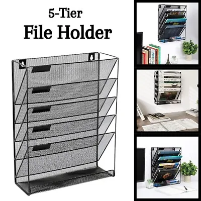 5-Tier Wall Mounted Magazine File Rack Mesh Organizer For Papers Letter Document • £20.97
