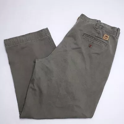 Timberland Chino Khaki Pants Mens Size 40x30 Cotton Green Leather Logo Outdoor • $18.99