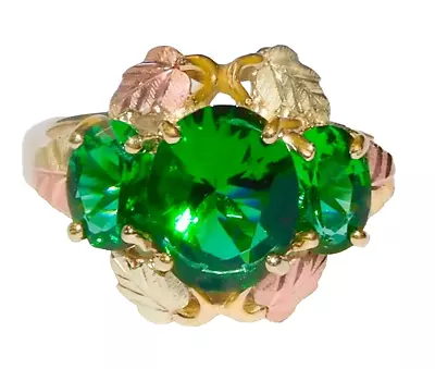 Black Hills Gold Coleman 10k Three Stone Lab Created Emerald Leaves Ring Size 8 • $279