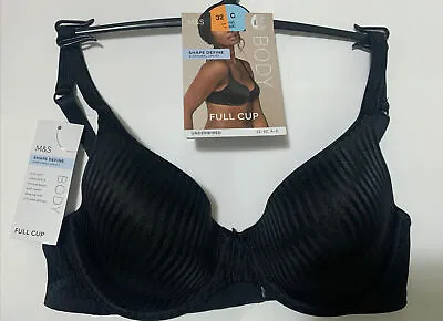 M&S SHAPE DEFINE UNDERWIRED VELVET TOUCH NATURAL UPLIFT FULL CUP Bra BLACK 32C • £11.99