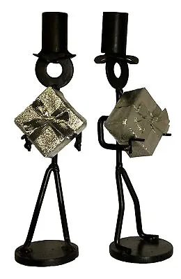 2 Black Metal Old West Cowboy Stickmen Candlestick Candle Holders 12.5” Tall • $22.50