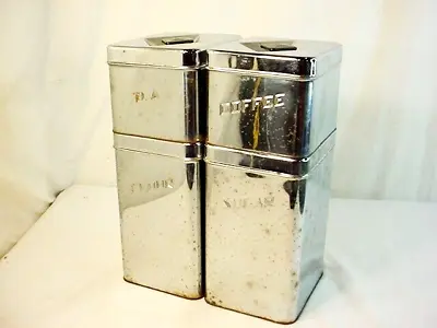 4 Vtg Chrome Canette Canisters Stacking Set Metal Flour Sugar Coffee Tea Issues • $35.99