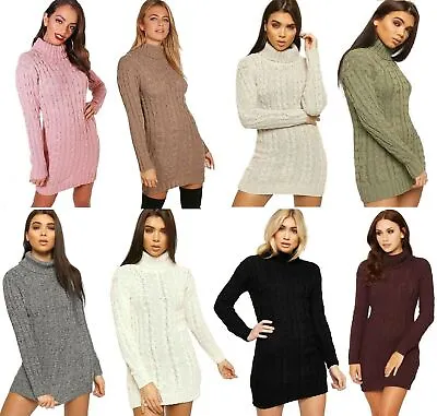 £12.99 • Buy Ladies Chunky Cable Knitted Polo Neck Long Sleeve Warm Sweater Jumper Dress New