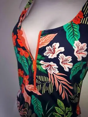 HOBIE Womens M - Blue TROPCAL FLORAL 1pc SWIMSUIT Open Back +Coral Orange ZIPPER • $18.99