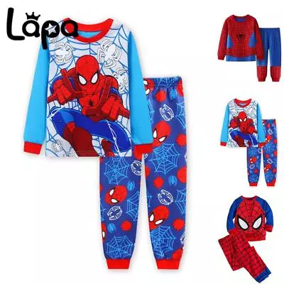 Kids Boys Spiderman Pyjamas Outfits Nightwear Long Sleeve T Shirt Pants Set PJs • £9.79