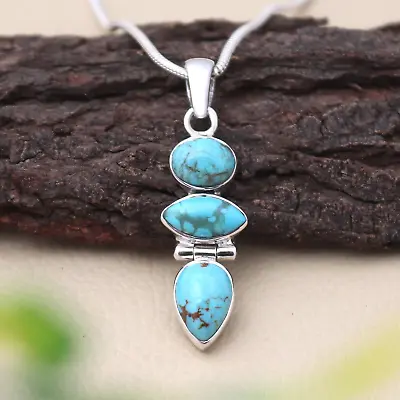 Mexican Blue Sky: Sterling Silver Turquoise Pendant Triple Stone Jewelry For Her • $39.94