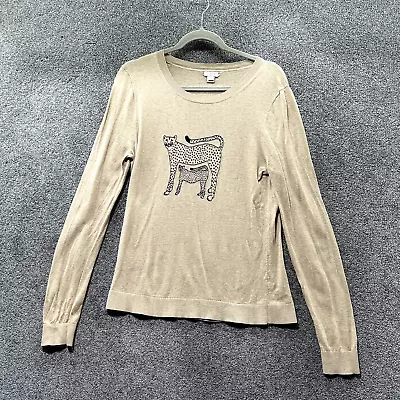 J Crew Pullover Sweater Women Medium Tan Cheetah Embroidered Cotton Teddie • $15.03