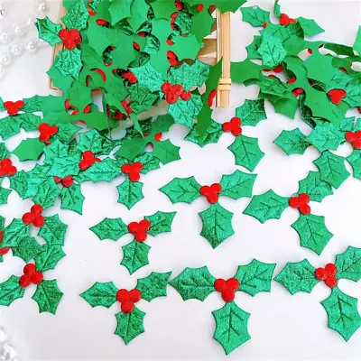 100x Fabric Holly Berry & Green Leaves Xmas Embellishments For Cards Gifts Decor • £2.93