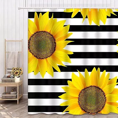 Bath Shower Curtain Sunflowers Striped Waterproof Home Decor Adjustable Hook Set • $4.99