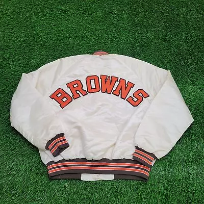 Vintage 80s Chalk-Line Cleveland Browns Varsity Bomber Jacket Teens Large Ivory • $288.60