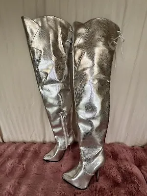 Vintage Shiny Silver Faux Animal Print Thigh High Boots 1980’s  US Size 7.5 • $149