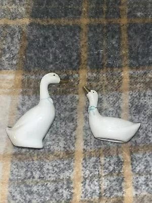 2 Vintage White Duck/Geese Glass Ceramic Figurines Blue Bow Beautiful! • $12.99