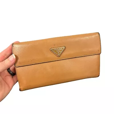 Vtg Y2k Prada Tan Butterscotch Saffiano Leather Fold Wallet Womens • $59.99