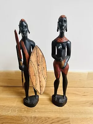 Pair Of Wooden Hand Carved Masai Warrior Statues • £29.99
