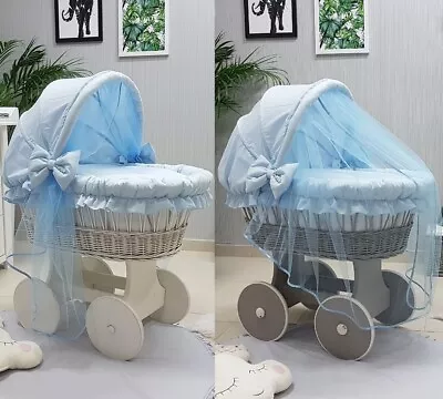 £149 • Buy Wicker Moses Basket With Hood Tulle + Stand + Big Wheels & Blue Bedding 