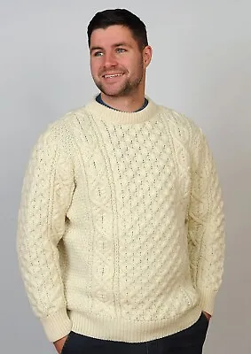Mens Heavy Honeycomb Irish Aran Fisherman Sweater 100% Wool Crew Neck RRP £99.99 • $87.02