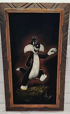 Vintage Black Velvet Felt Sylvester The Cat Painting Wood Frame Looney Tunes Art • $59.99