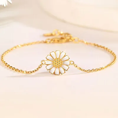 Gold Plated Cute White Daisy Flower Bracelet Women Girl Jewellery Gift UK • £3.29