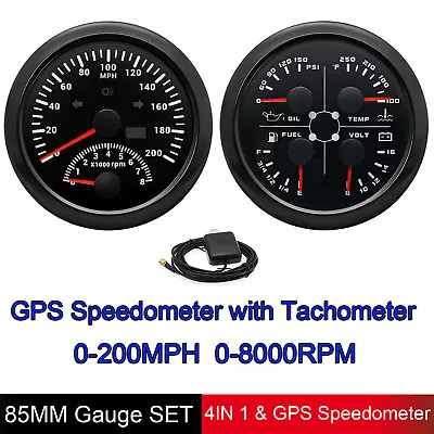 2 Gauge Set 85MM GPS Speedometer 0-200MPH & 4IN 1 Fuel Water Temp Oil Press Volt • $92.56