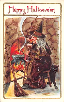 1911 Witch Tending Kettle & Black Cat Halloween Post Card Whitney • $25