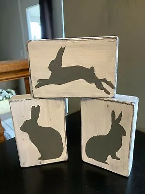 $16 • Buy (3) Gray Bunnies On Distressed Wood Blocks. NWOT