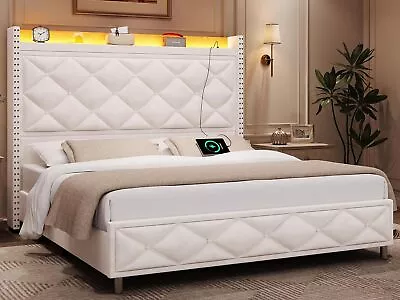 King Bed Frame Velvet Tufted Upholstered Bed With Tall Headboard & LED Lights • $349.89