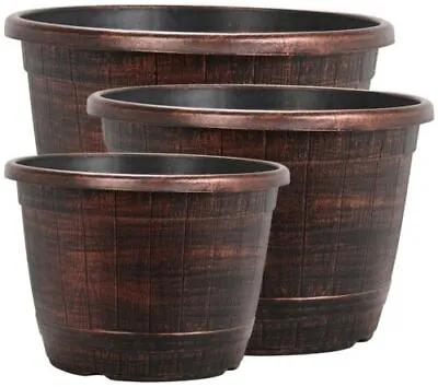 £0.99 • Buy Copper Wooden Barrel Plant Pot Outdoor Garden Flower Tree Round Plastic Planter