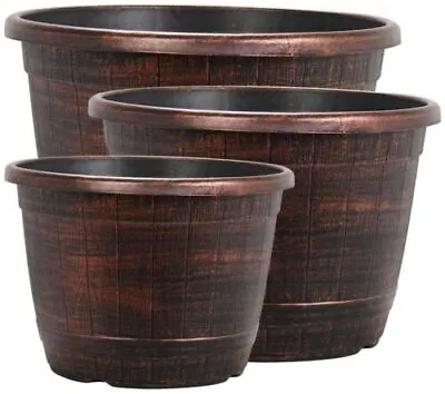 £9.99 • Buy Copper Wooden Barrel Plant Pot Outdoor Garden Flower Tree Round Plastic Planter'