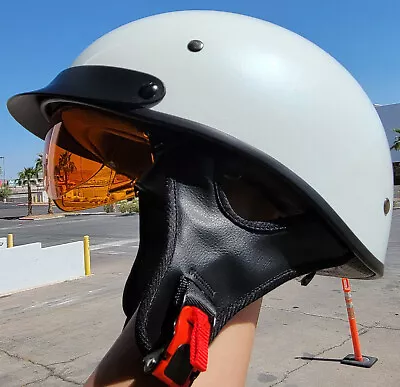 🐾PEARL WHITE Half Helmet With Amber + TINTED Dropdown Shield And Size Adjuster~ • $105