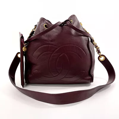 CHANEL Shoulder Bag COCO Mark Drawstring Lambskin Bordeaux Vintage Women • $2340.59