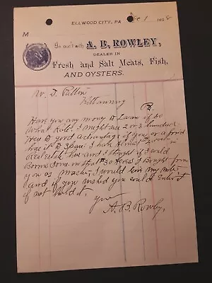 1898 A B Rowley Ellwood City Pa. Dealers Meat Fish & Oysters  Not Tin Oyster Can • $12.99