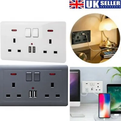 Double Wall Plug Socket 2 Gang 13A 2 Charger USB Ports Outlets Flat Plate Free • £6.98