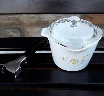 VTG Corning Ware FLORAL BOUQUET 1 QT Sauce Maker Pan Measuring Bowl LID Handle • $39.99