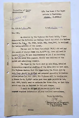 1966 Off/c Letter NAWAB TONK To VAN INGEN Aziz Mian's 1st Tiger Shot  (11328) • $49.99
