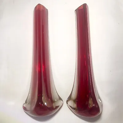 £29.99 • Buy 2x Whitefriars Ruby Red Tricorn Glass Vases Geoffrey Baxter #9570 9.5”