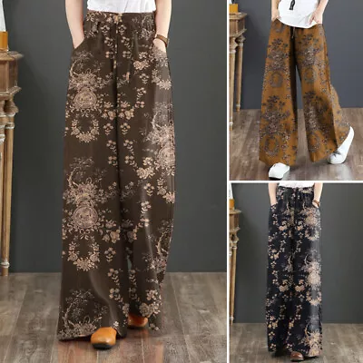 Women Elastic Waist Floral Printed Holiday Wide Leg Pants Casual Loose Trousers • $24.69