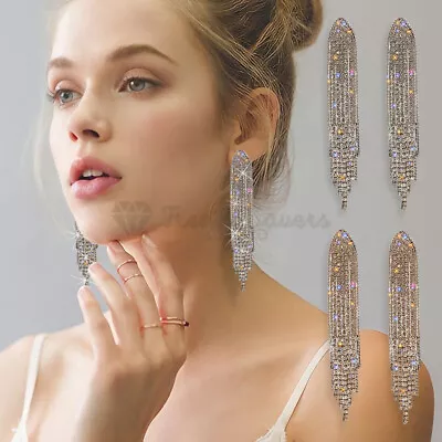 Sterling Silver Long Rhinestone Tassel Women Drop Dangle Earrings Jewellery UK • £4.99