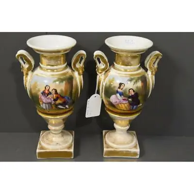 PAIR Antique Vieux Paris Porcelain Hand Paint Vases Romantic Scene 19thc  • $500.50