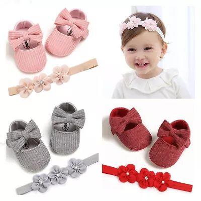 Newborn Baby Girls Wool Yarn Pram Shoes Infant Princess Hair Headband Set 0-18 M • £4.99