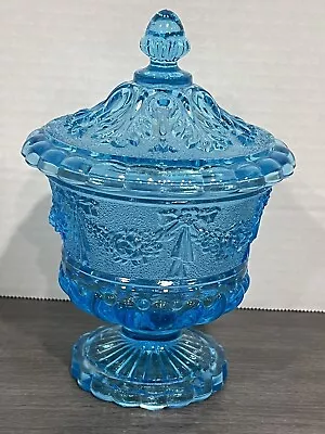 Vintage LE Smith Blue Opalescent Lidded Pedestal Compote Candy Dish • $30