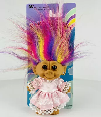 NOS ￼Bright Of America VTG Rainbow Troll Doll Pierced Ear Pink Dress HONG KONG • $33.99